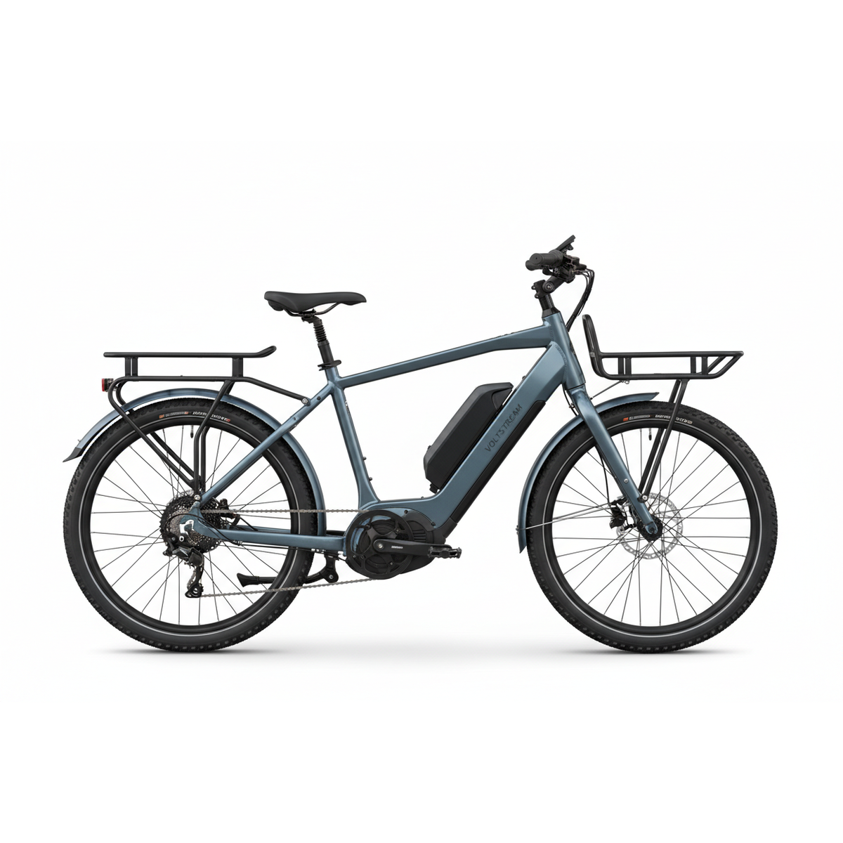 High-capacity cargo e-bike with dual battery option.