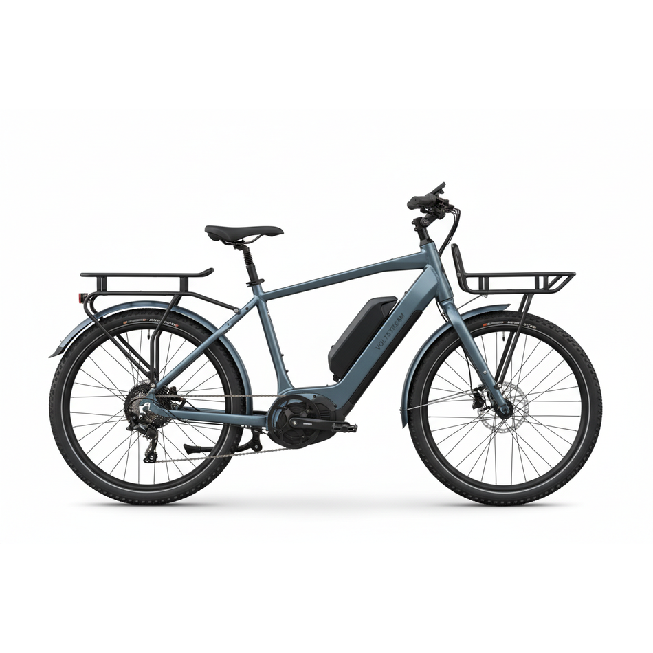 High-capacity cargo e-bike with dual battery option.