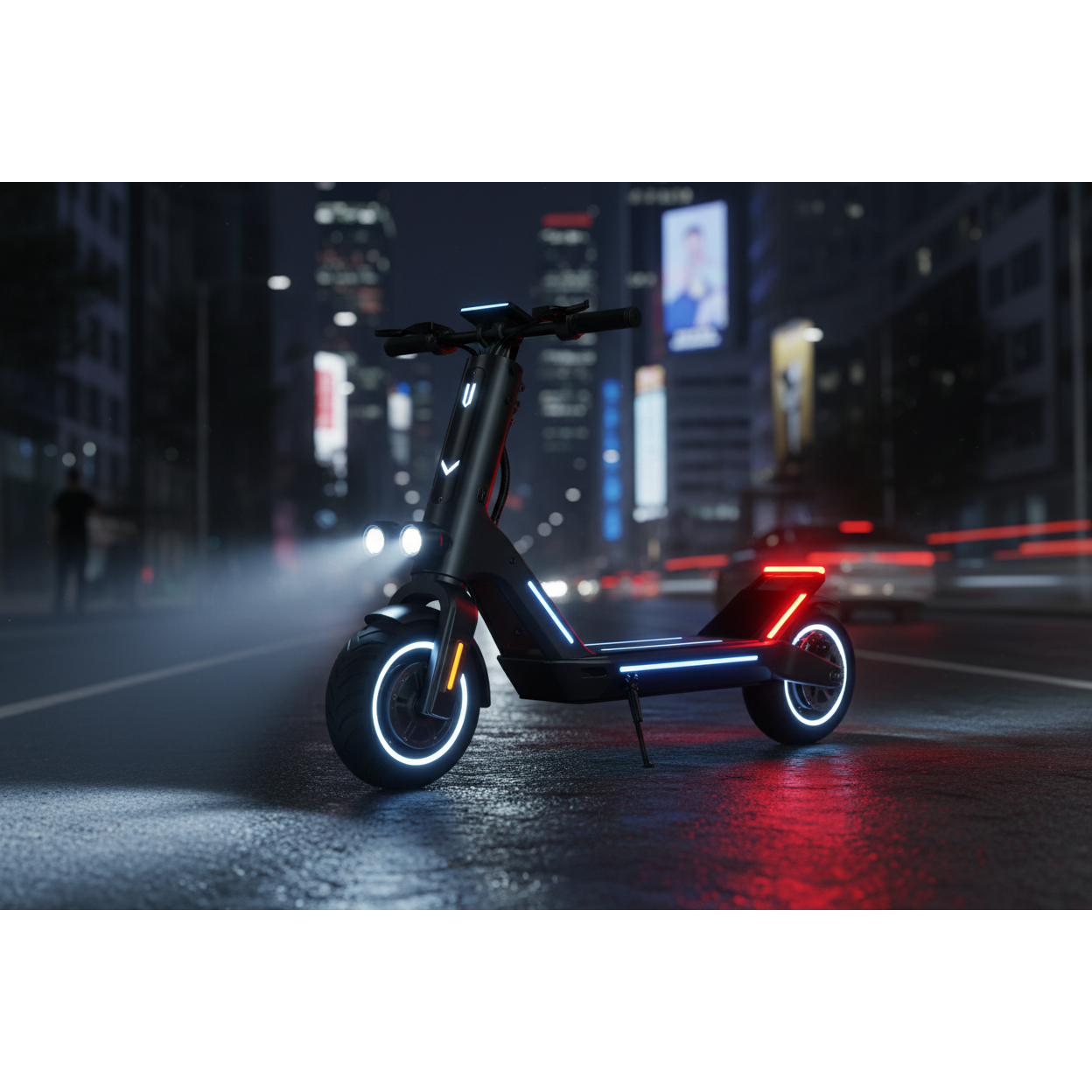 Night commuting scooter with dual LED system and 10" tyres.